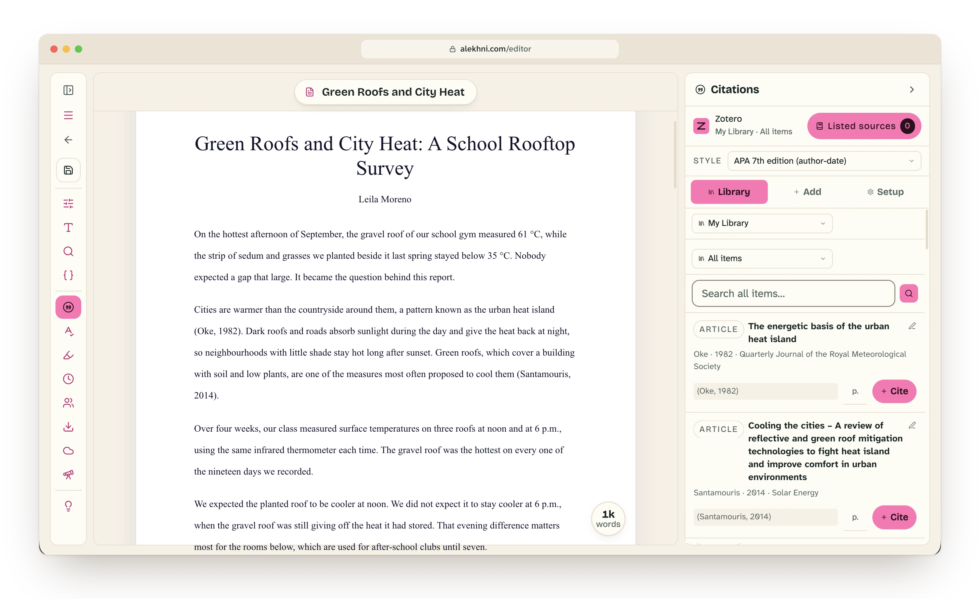 The Citations panel showing a Zotero library, the APA 7 style and sources with Cite buttons.
