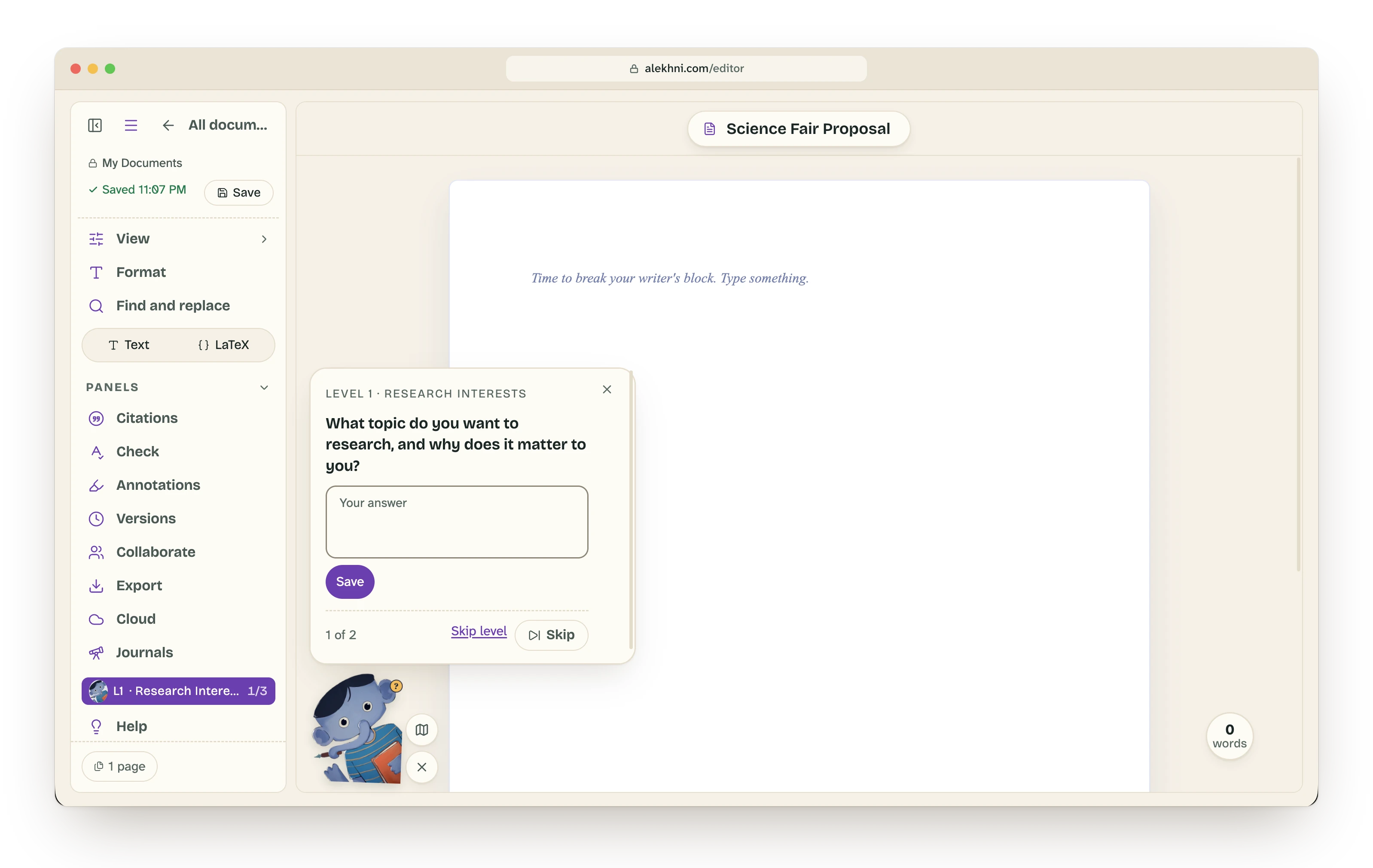 The Gamified Guide elephant beside an empty page, asking what topic the student wants to research and why.