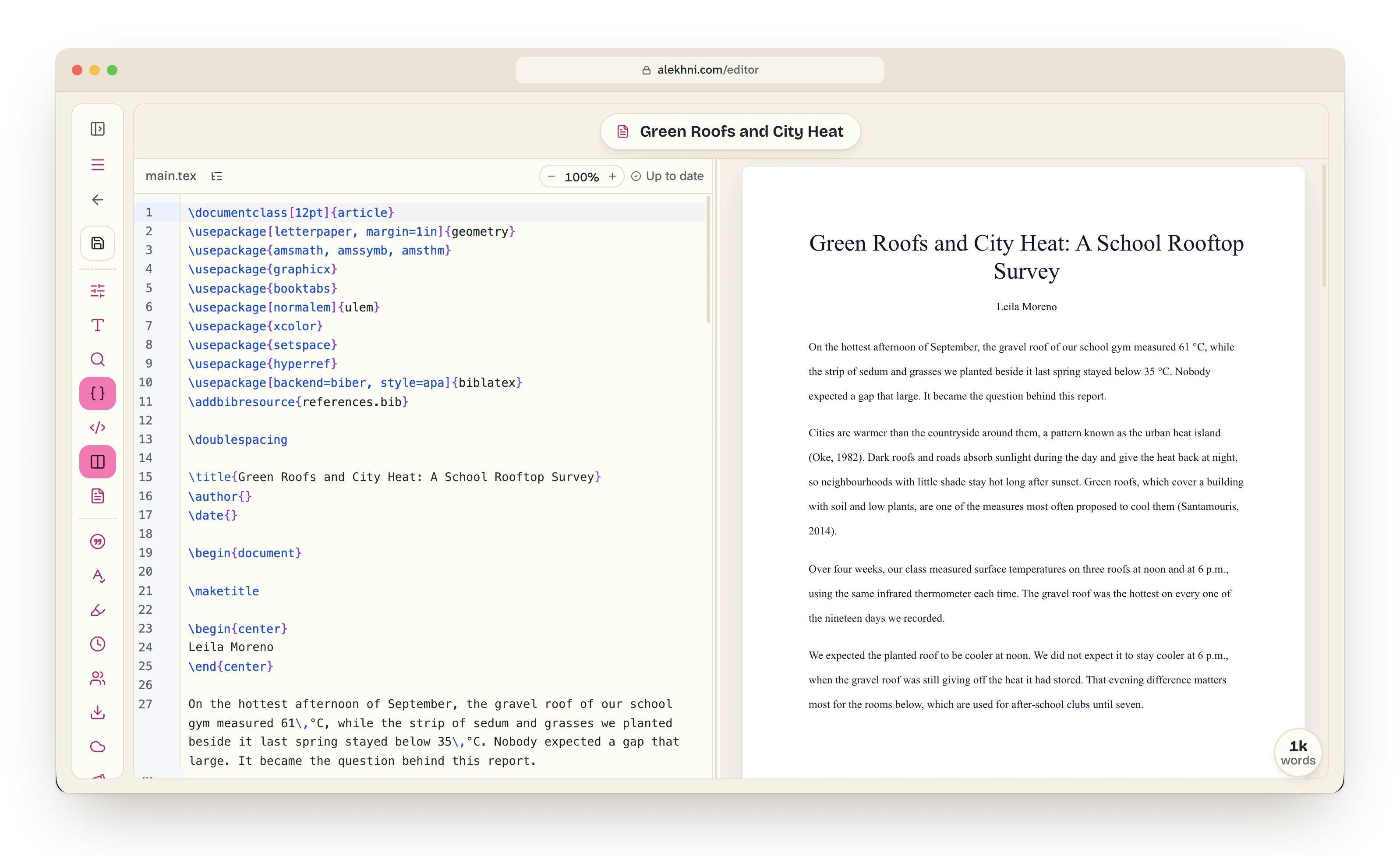 LaTeX source on the left and the typeset page preview on the right.