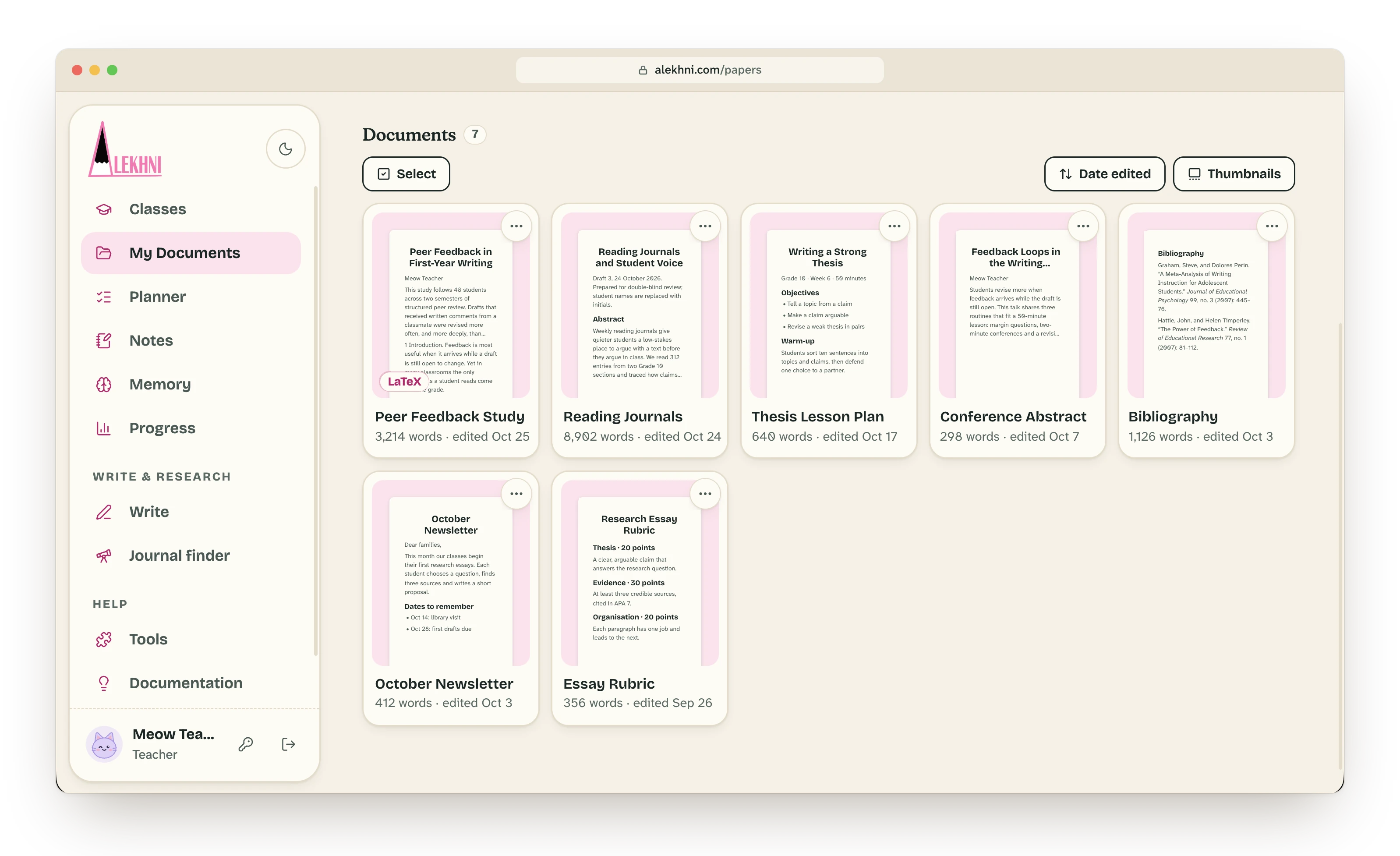 My Documents in thumbnail view, showing the first lines of seven papers.