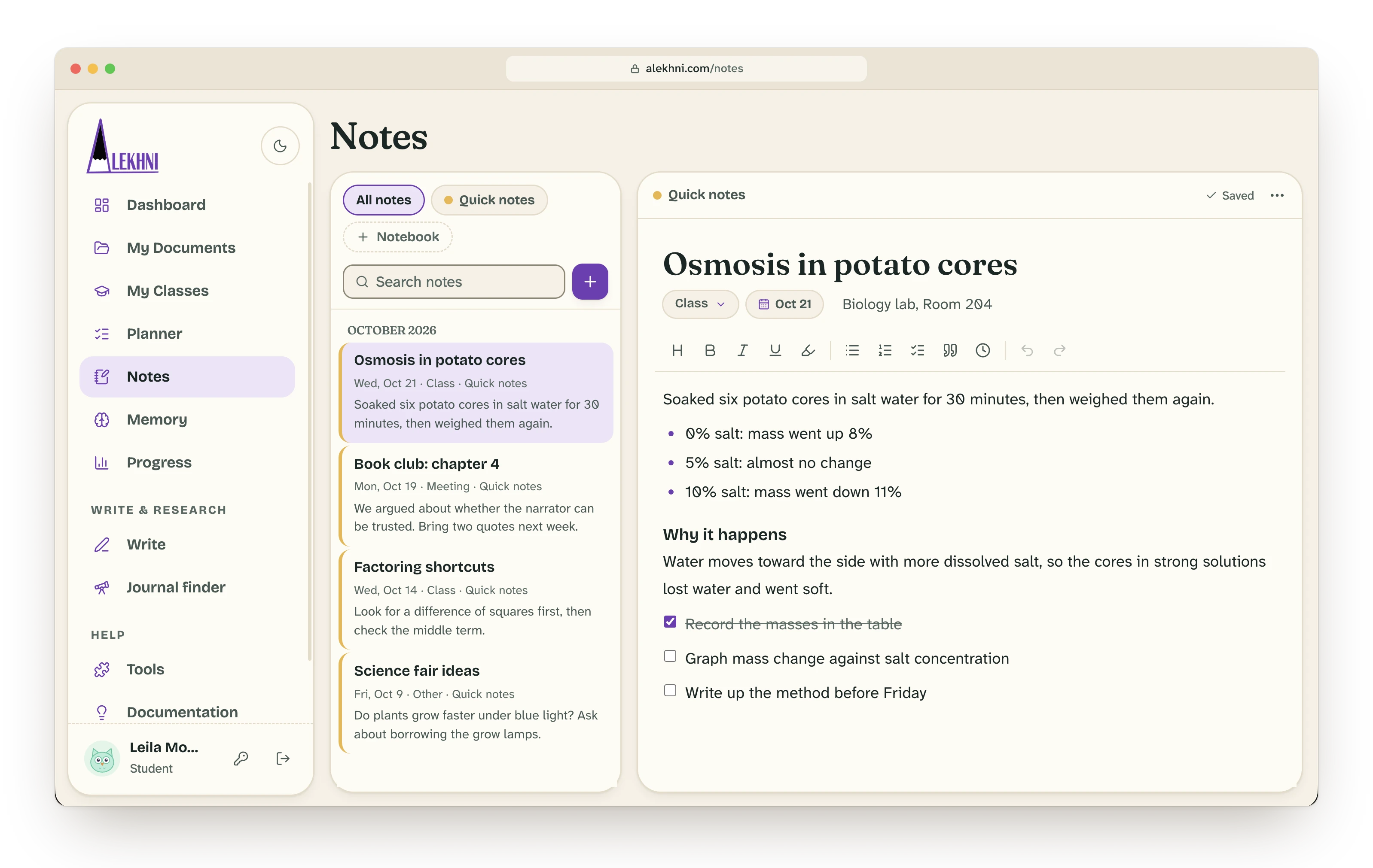 The Notes page with a list of notes and a lab note with a bullet list and a checklist.