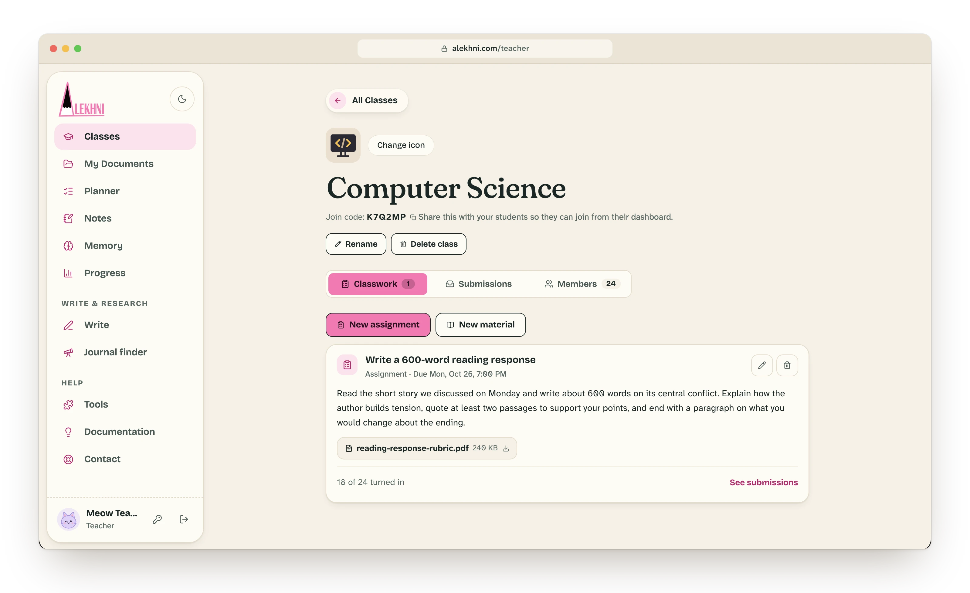 A class page with its join code, tabs for classwork, submissions and members, and an assignment with a rubric attached.