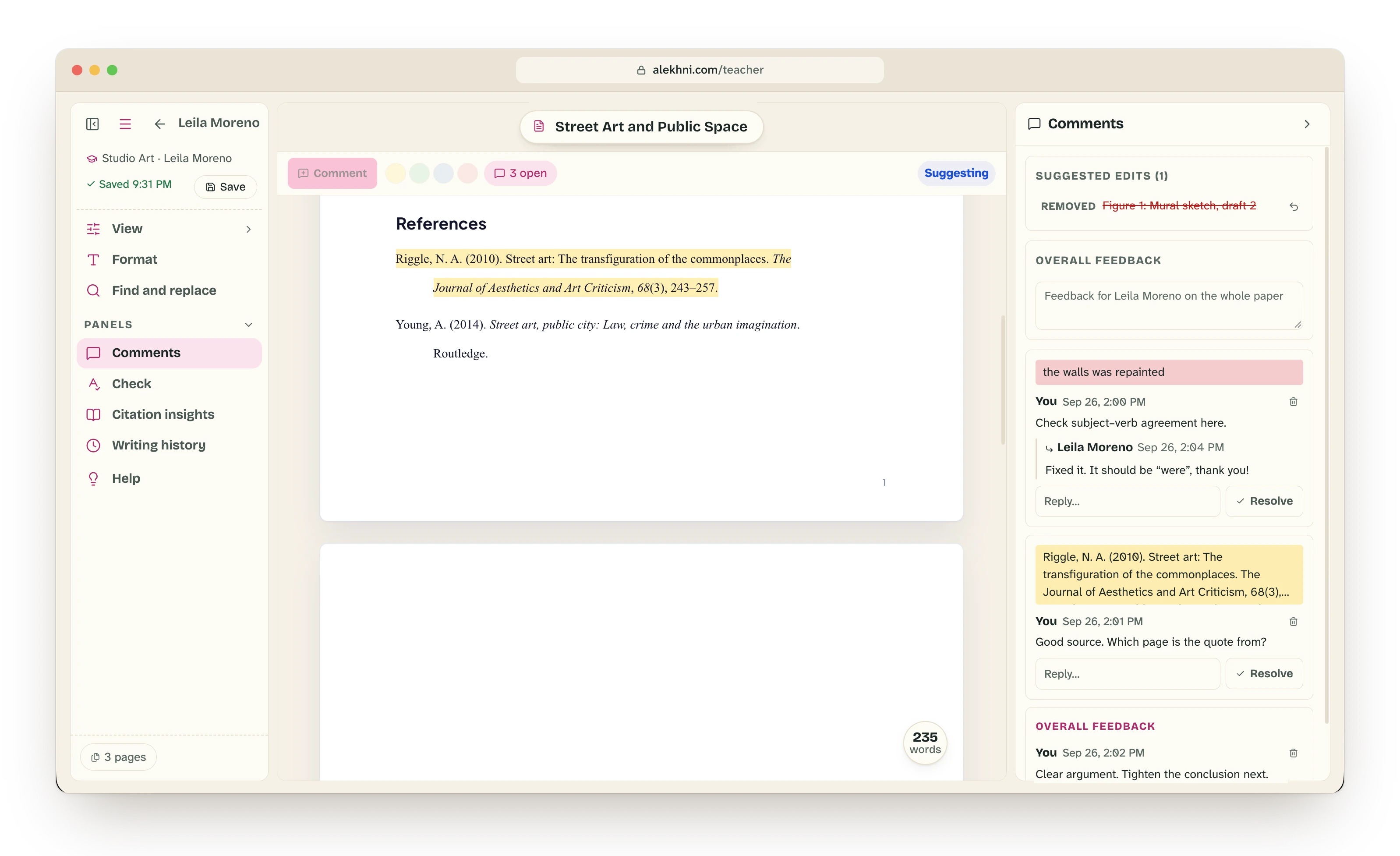 The review panel listing a suggested edit, a box for overall feedback and a comment thread.