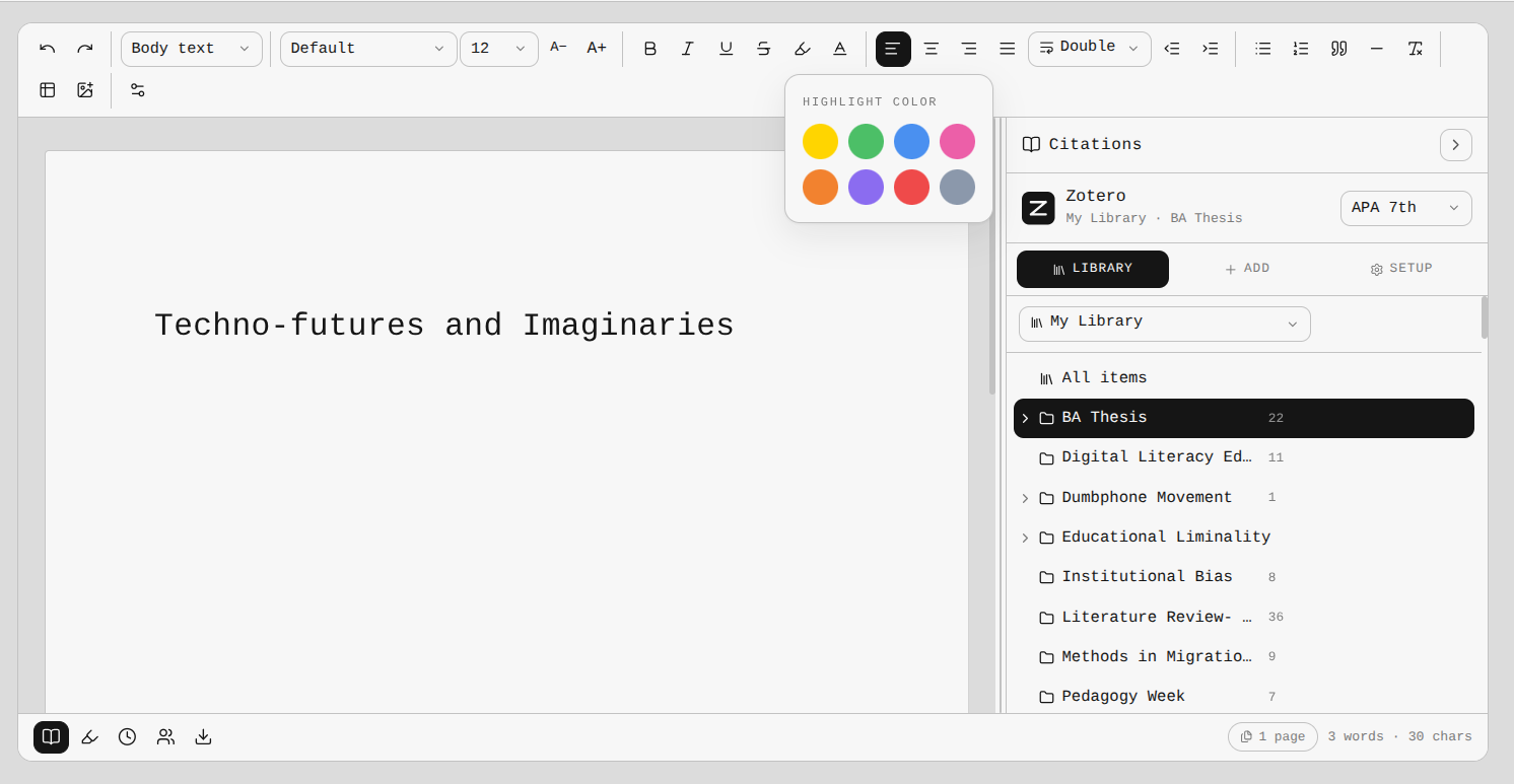 The Write&Cite editor, showing a draft with highlight colors and a Zotero-connected citation panel listing a student's library folders.