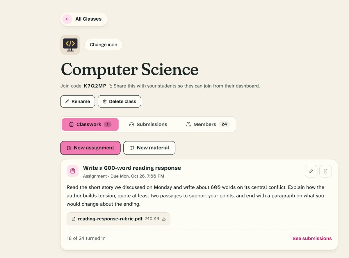 A class page with its join code, tabs for classwork, submissions and members, and an assignment with a rubric attached.