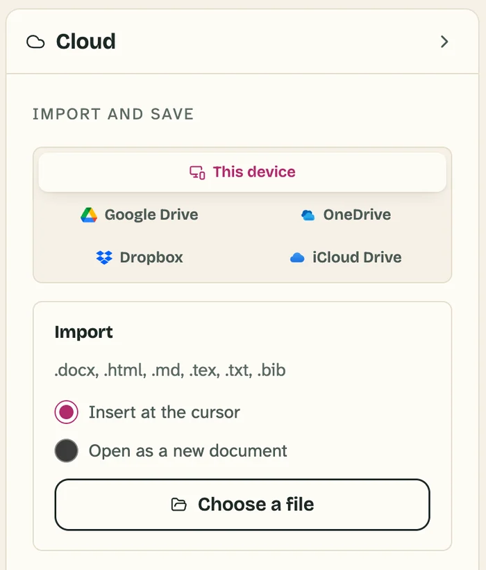 The Cloud panel with This device, Google Drive, OneDrive, Dropbox and iCloud Drive.