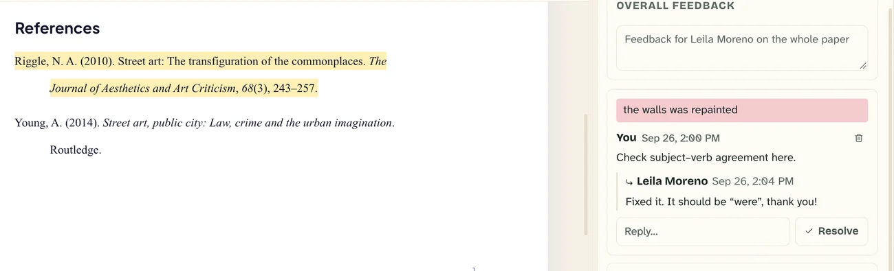 A highlighted reference in a paper with the teacher comment and the student reply beside it.