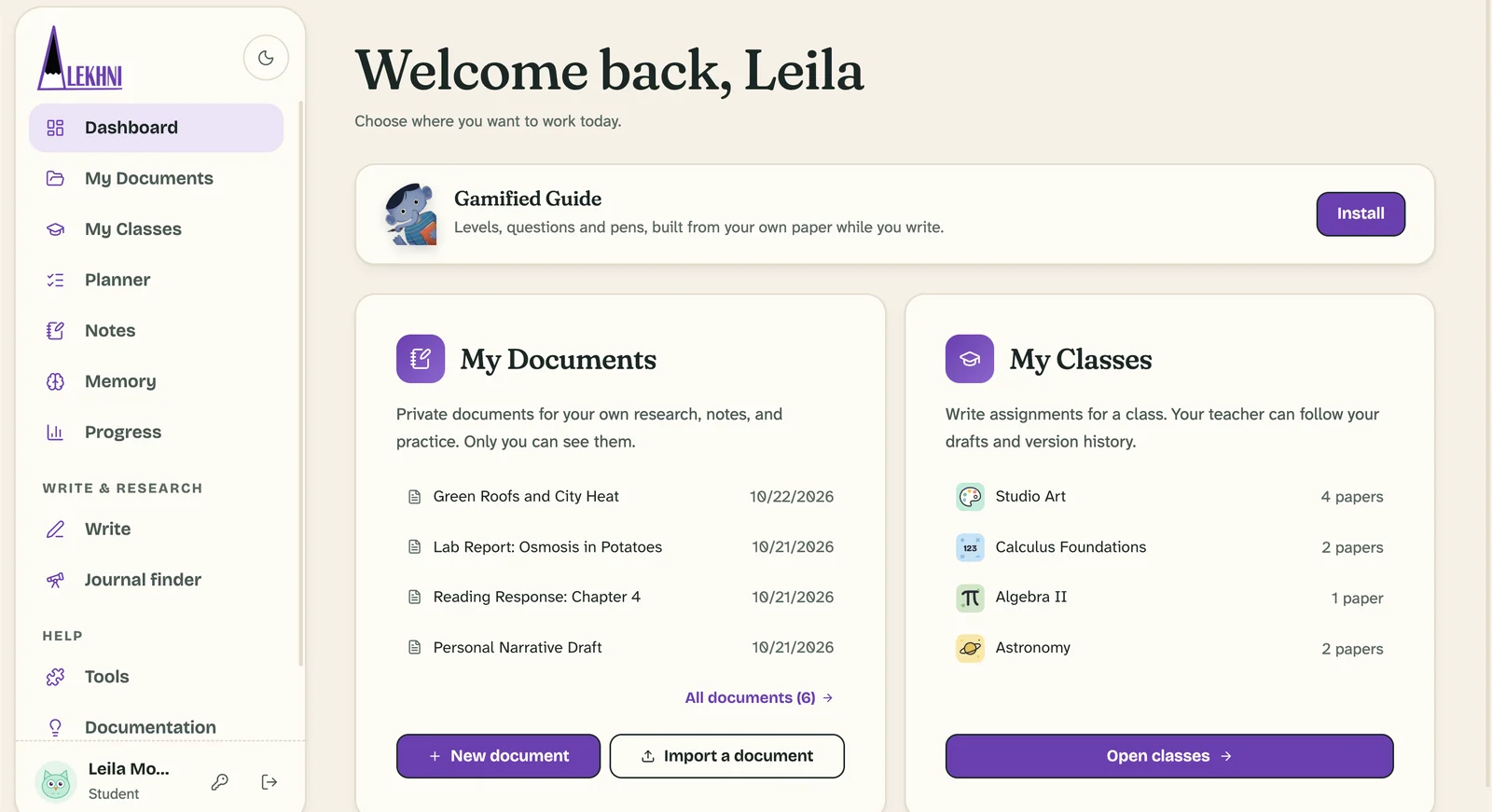 The student dashboard with recent documents, classes and the Gamified Guide.