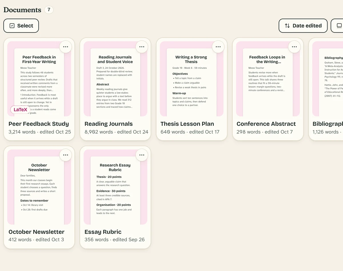 My Documents in thumbnail view, showing the first lines of seven papers.