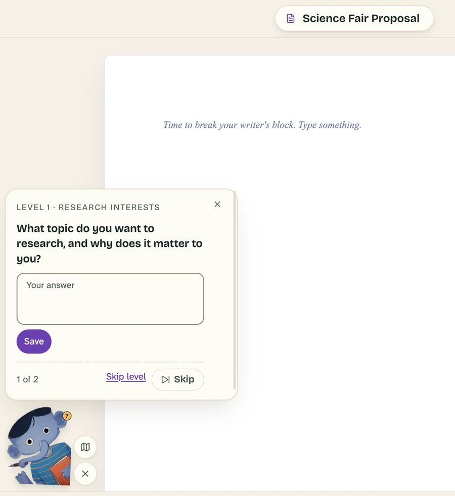 The Gamified Guide elephant beside an empty page, asking what topic the student wants to research and why.