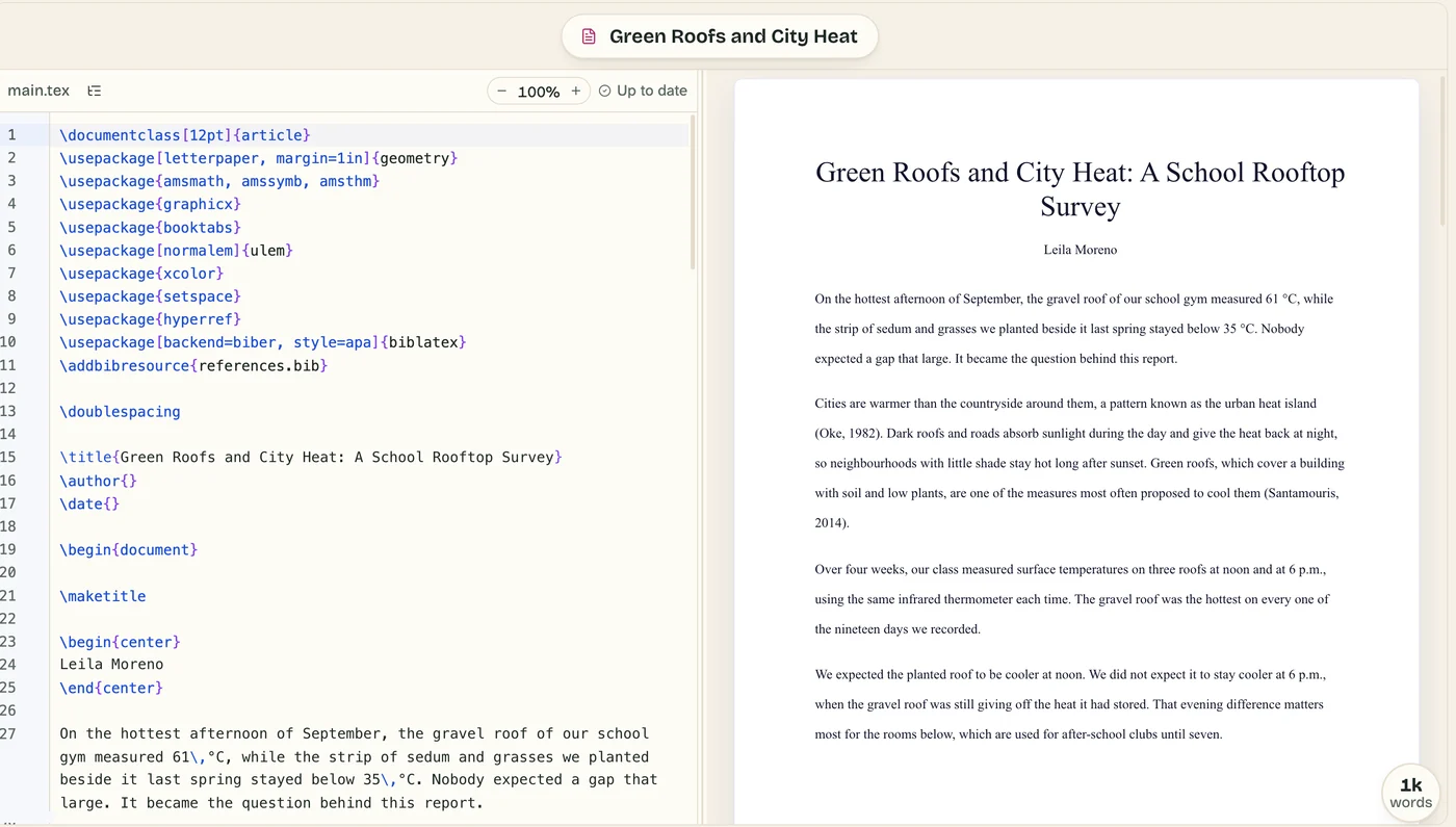 LaTeX source on the left and the typeset page preview on the right.