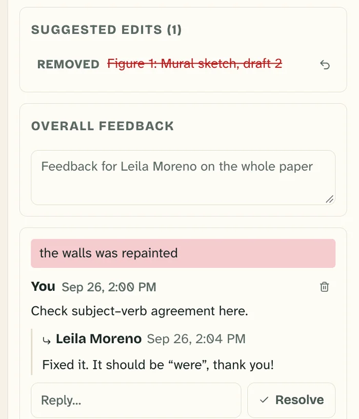 The review panel listing a suggested edit, a box for overall feedback and a comment thread.
