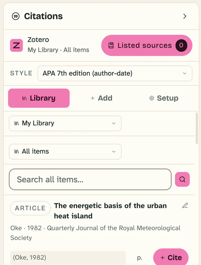 The Citations panel showing a Zotero library, the APA 7 style and sources with Cite buttons.