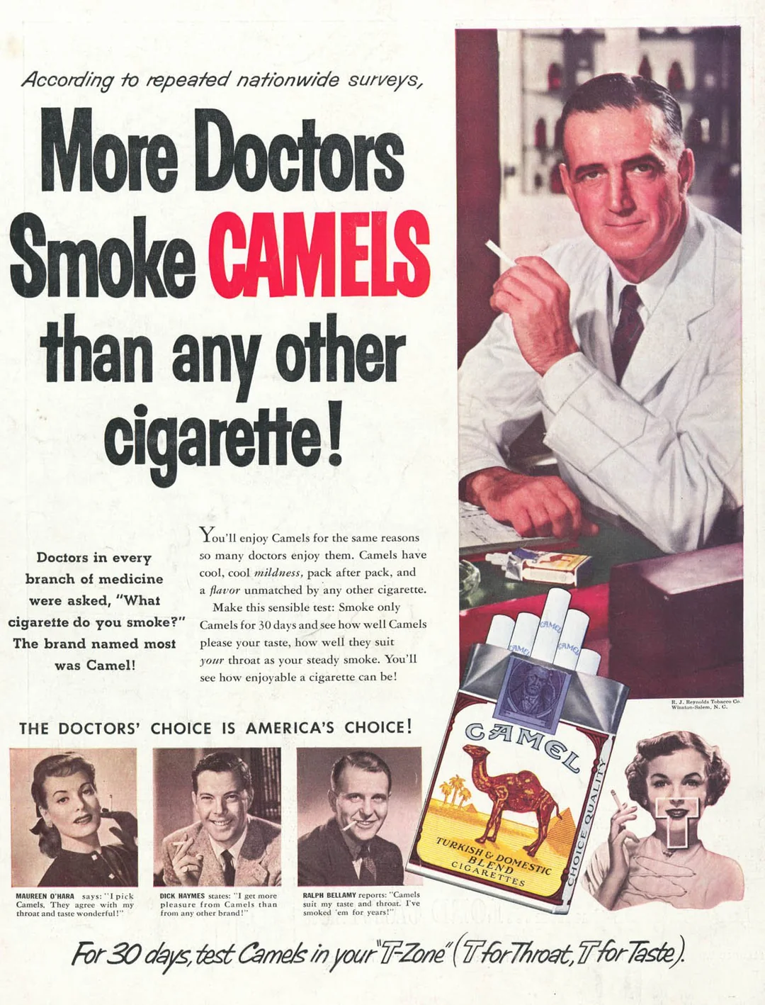 A vintage cigarette advertisement claiming more doctors smoke Camel cigarettes than any other brand