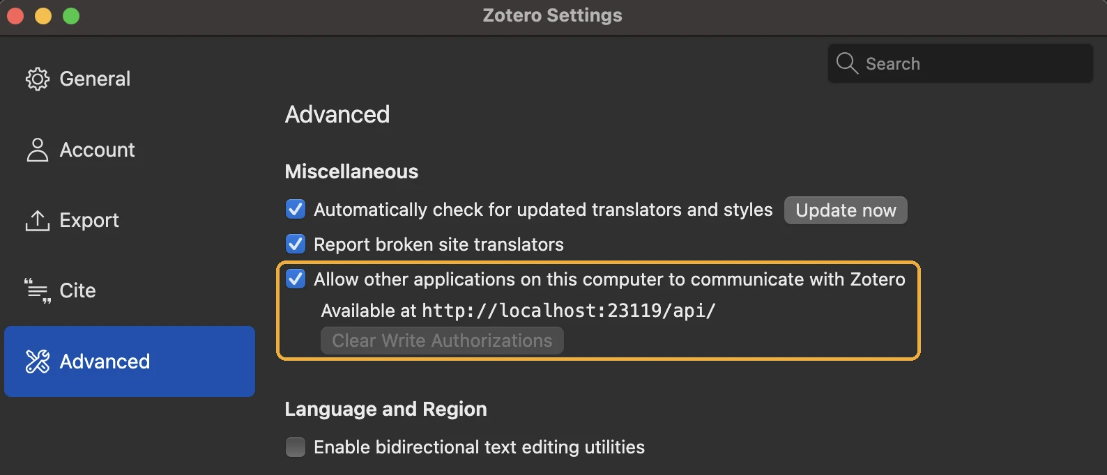 The same setting ticked, with “Available at http://localhost:23119/api/” and a Clear Write Authorizations button below it.