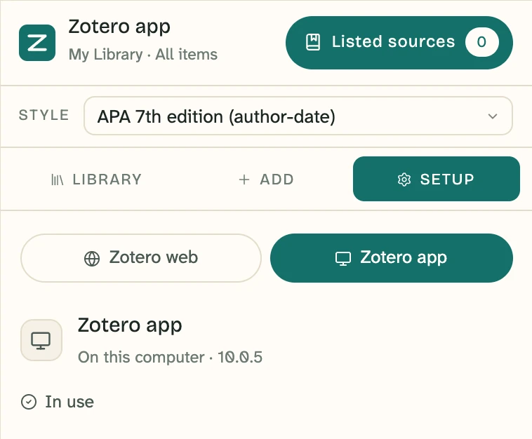 The Citations panel in Alekhni, Setup tab, with Zotero app chosen at the top and marked In use.